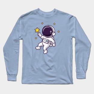 Cute Astronaut Floating And Catching Star Cartoon Long Sleeve T-Shirt